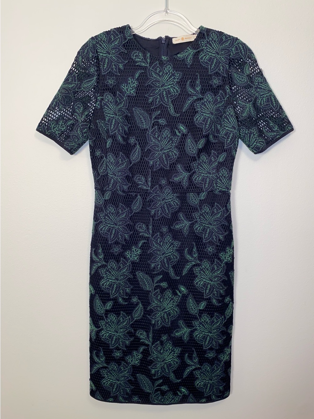 Tory Burch Navy Green Floral Mesh Short Sleeve Dress